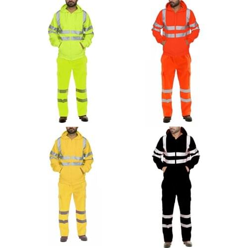 Sportswear Men Road Work Cycling Running Reflective Zipper Patchwork Sweatshirt Hooded Top Pants Sets Sport Suit Mens Clothes