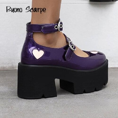 Lolita Shoes Women Flat Platform Shoes Buckles Mary Janes Ladies Heel Shoes Chunky Chaussures Femme Gothic Black Single Shoes