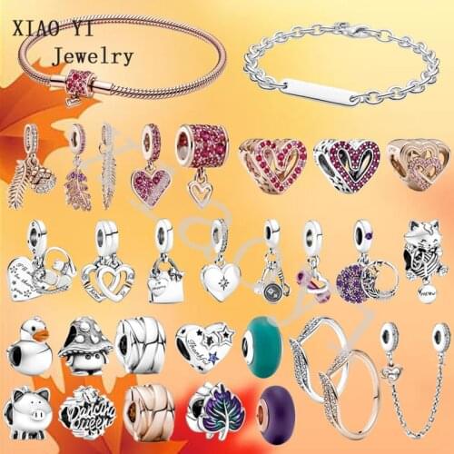 XIAOYI autumn 2021 new S925 Hand painted heart dumbbell oak pine nut purple green leaf feather charm bracelet valentines Day