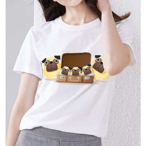 Womens Summer Fashion White T-shirt Female Cartoon Animal Puppy Family Printing T-shirt Comfortable Casual Round Neck Slim Top