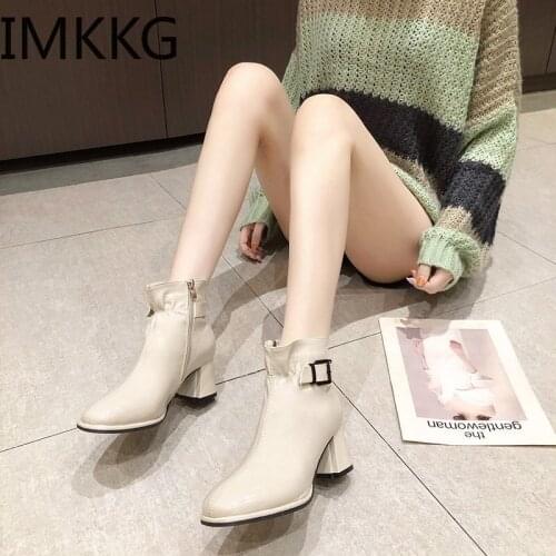 2020 Winter Sexy Boots High Heels Ankle Boots For Women Elegant Beige Autumn Boots Ladies Fashion Buckle Woman PU Boots