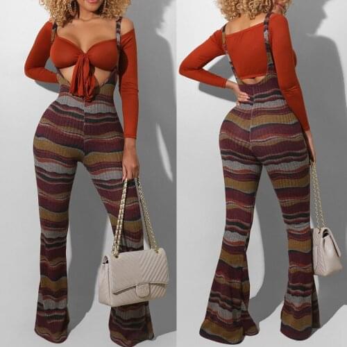Womens Striped Suspenders Flared Pants Skinny Sexy Plaid Trousers Fashion Street Wear For Autumn Female Party Wear
