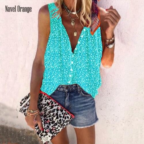 Women V-Neck Button Sleeveless Casual Shirts Summer Loose Ladies Tops Fashion Streetwear Blusas Printed Work Wear Female Blouse