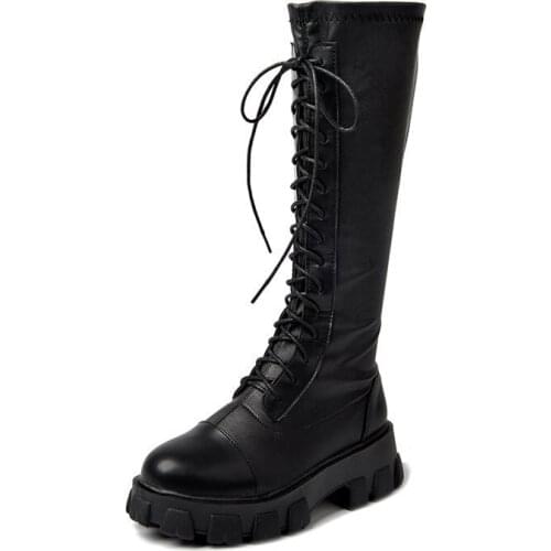 Chunky Platform Pu Leather Knee High Boots Women Retro Punk Height Increasing Long Boots Woman Lace Up Booties Mujer
