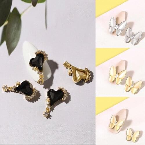 2pcs Women Butterfly Nail Jewelry Gold/Silver 3D Solid Cat Eye Stone Butterflies DIY Nail Art Decorations Accessories