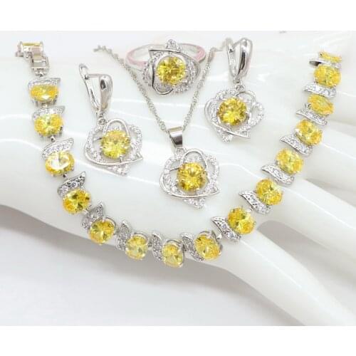 Yellow Jewelry Sets Cubic Zirconia Sterling Silver Color Trendy Pendant Necklace Earring Bracelet and Ring for Ladies Fashion