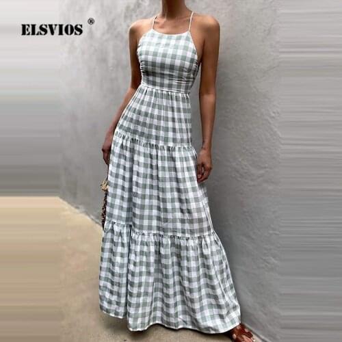 Fashion Retro Check Print Lace-Up Backless Sleeveless Long Dress Summer Women Square Collar Elastic Waist Casual Sexy Robe Dress