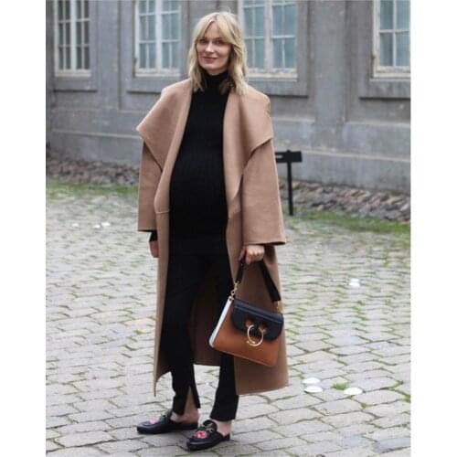 Woman Annecy wrap coat camel BLACK Fashion cashmere WOOL Oversized Long Trench Draped collar Side Slit open front seam pockets