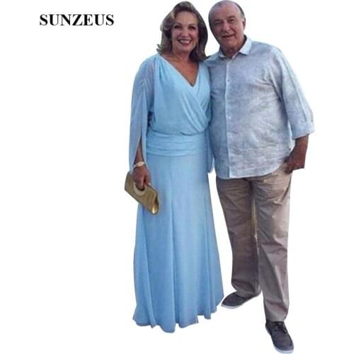 Plus Size Mother Of The Bride Dresses A-line Dropped Waist V-neck Long Sleeve Groom Mother Dress Blue Chiffon Wedding Party Gown