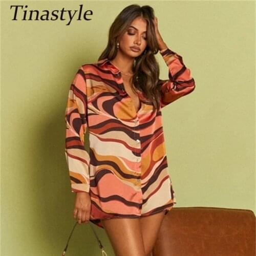 Tinastyle Striped Print Casual Shirt Dress Women Blue Turn Down Collar Long Sleeve Buttons Loose Party Blouses Streetwear