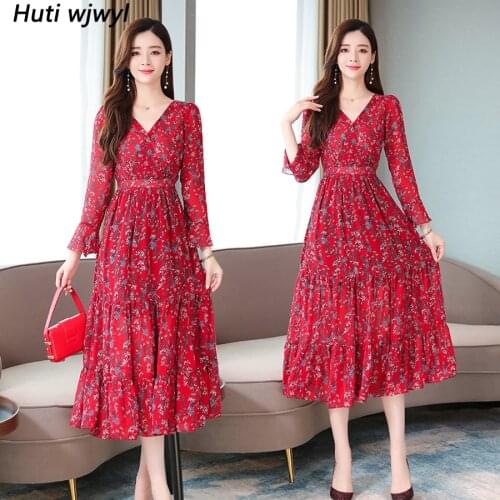 2021 Femal Vintage Print Red Boho Midi Dress Autumn Winter Floral Chiffon Long Sleeve Dress Elegant Women Bodycon Party Vestidos