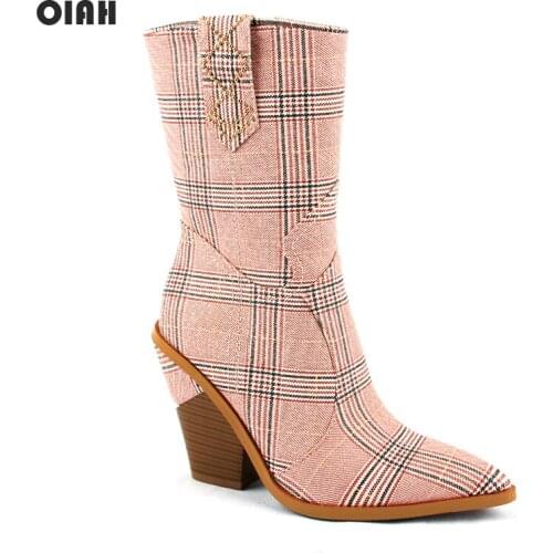 2019 Fashion Cowboy Mid-calf Boots Women Shoes Pu Leather Wedge High Heel Boots Pink Plaid Fabric Western Cowgirl Boots Autumn