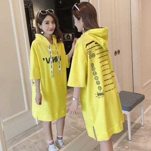 #2353 Summer Korean Loose Cotton Tshirts Dresses For Women Hooded Plus Size Letter Printed Midi Tshirt Dress Woman Streetwear