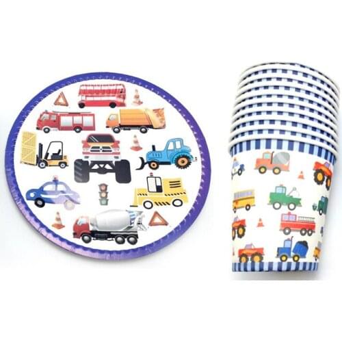 60pcs/lot Baby Shower Decorate Cups Plates Kids Favors Engineering Vehicle Theme Dishes Glass Birthday Events Party Tableware