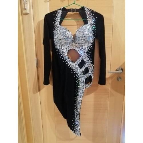 Sparkly Rhinestones Costume Black Latin Dance Dress Outfit Stage Wear Birthday prom show Stretch Dresses