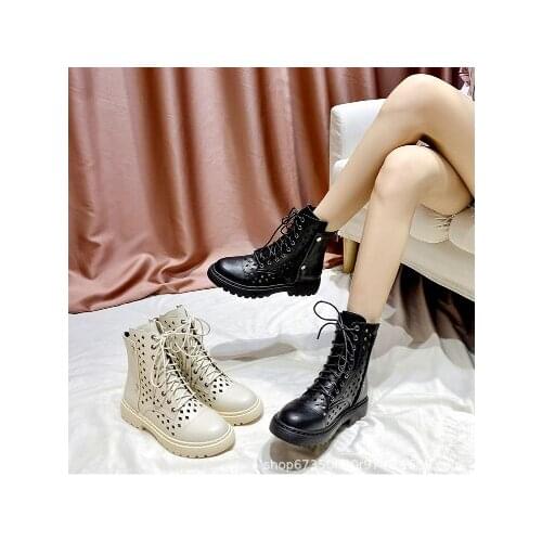 Womens Martin Boots 2020 new versatile perforated breathable summer lace-up side zipper flat bottom casual womens boots