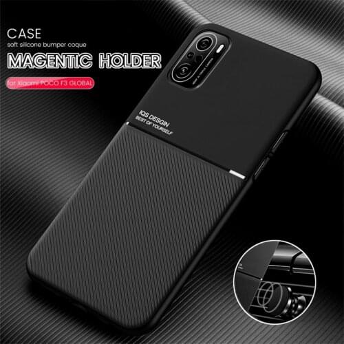 PocoF3 Case Leather Texture Car Magnetic Holder Back Cover for Pocophone Little Poco F3 F 3 Soft Silicone Shockproof Coque 6.67