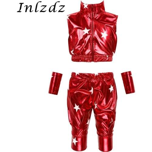 Kids Boys Girls Modern Hip-hop Jazz Dancewear Outfit Star Metallic Sleeveless Zipper Crop Top with Pants Wrist Sleeves Set
