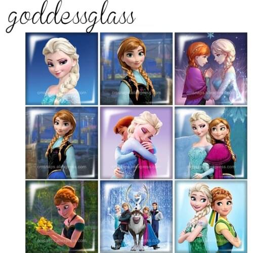 Disney Princess Elsa and Anna Square 10pcs 12mm/20mm/25mm photo glass cabochon demo flat back bracelet Jewelry Making findings