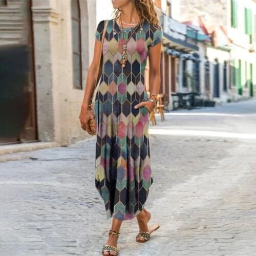 Elegant Women Maxi Dress 2021 Summer O Neck Short Sleeve Sundress Office Lady Party Dress Female Print A-Line Long Dress Vestido
