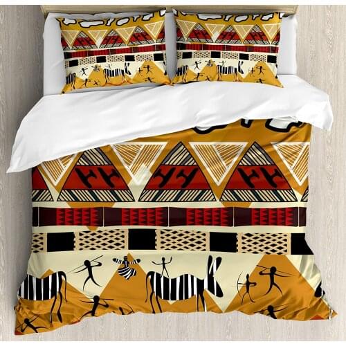 Ethnic Duvet Cover Set Style Hunting Zebra Illustration Prehistoric Tribe Life Theme Print Decorative 3 Piece Bedding Set