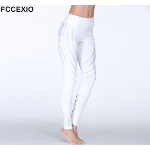 FCCEXIO Women Elastic Sexy Luminous Stripes Workout Pants Push Hips Sport Leggings Night Running Gym Fitness Slim Trousers