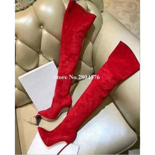 Brand Design Women Fashion Pointed Toe Suede Leather Metal Stiletto Heel Over Knee Boots Red Black Slim Long High Heel Boots