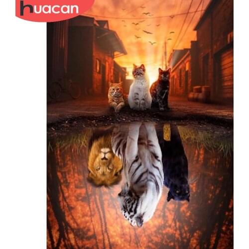 HUACAN Diamond Painting Kit Cat Animal Mosaic Sunset City Scenery Embroidery Town Landscape Home Decor