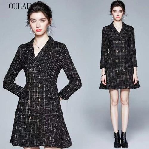 OULAF 2021 Vintage tweed double breasted Plaid small fragrance suit coat dress women