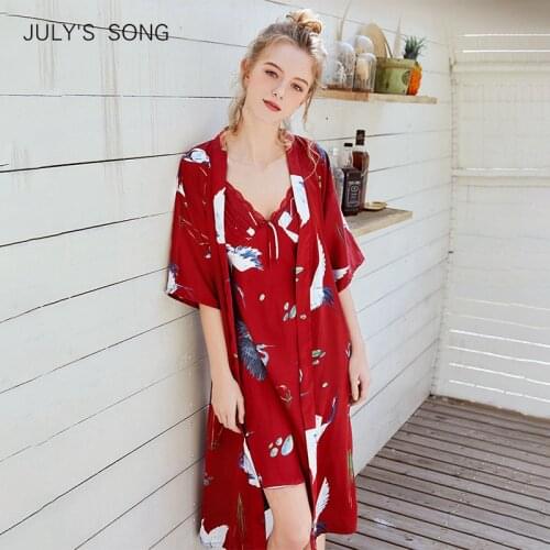 JULYS SONG New Faux Silk Women Robe Set Hot Spring Summer Sexy Lace Printing Nightgowns Women Sleepwear Dress Female Pajamas