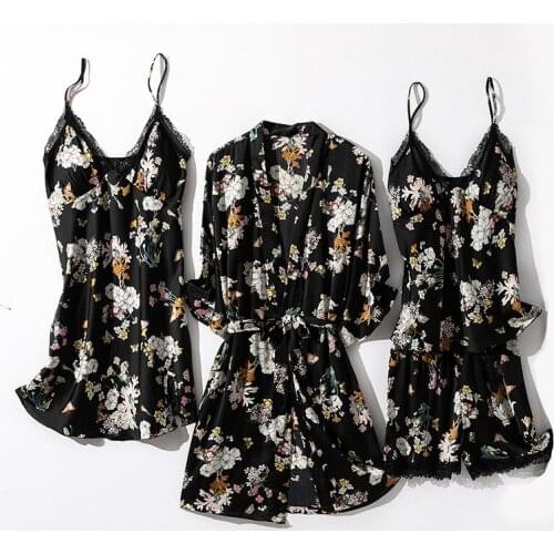 4PCS Women Print Robe Sets Summer Loose Sexy Backless Nightdress Lingerie Home Wear Pajamas Suit Sleepwear Pyjamas Dressing Gown