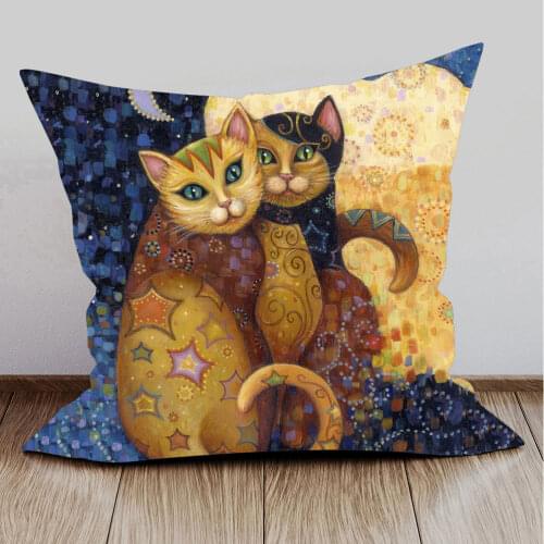 Lovely Cute Cartoon Klimt Style Cat Kitten Cushion Covers Beige Linen White Polyester Pillow Case 45X45cm Sofa Decoration