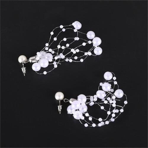 Fashion Long Tassel Simulated Pearls Fish Line Earrings White Size Beads Earrings For Woman Wedding Bride Jewelry Gifts