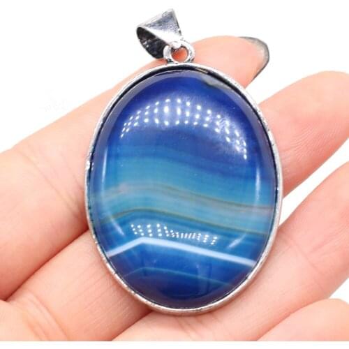 Natural Stone Agates Pendants Oval Shape Silver-plated Stripe Agates Crystal for DIY Necklace Earrings Jewelry Making Gift