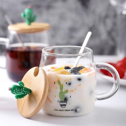 Novelty Cactus Coffee Glass Mug Black White Letter Milk Tea Coffee Cup Glass Crystal Transparent Mugs Handle Drinkware For Gifts