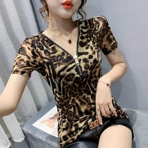 Summer 2021 New V-neck Zipper Mesh Top Slimming Leopard Print T-shirt Womens Short Sleeve Niche Leopard Print Half-Sleeve Shirt