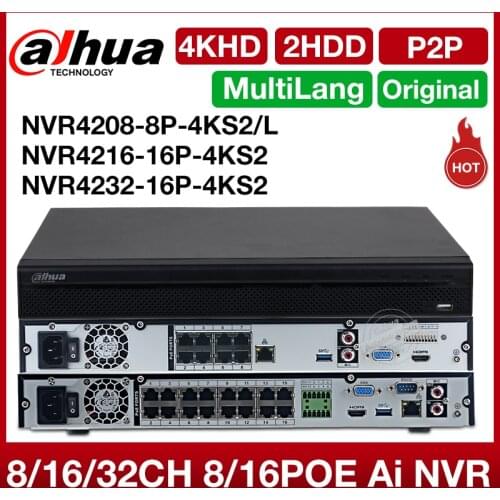Dahua Original MultiLang NVR4208-8P-4KS2/L NVR4216-16P-4KS2 NVR4232-16P-4KS2 8/16/32Ch 8/16PoE Network Video Recorder P2P 2HDD