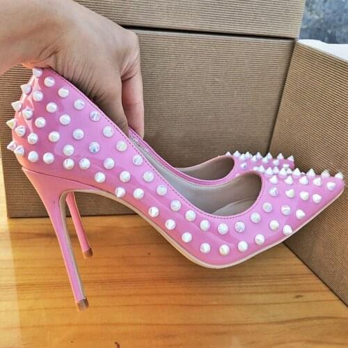 Pink Rivets Shoes 12cm High Heels Women Pumps Spring Pointed Toe Sexy 12cm Punk Studs Stiletto Wedding Shoes MD007 CHENSIR9