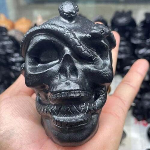 Hand-carved obsidian double snake around skull crystal healing craft jewelry