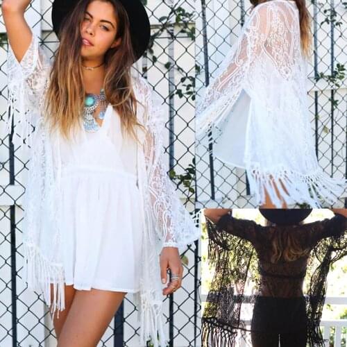 Women Boho Beach Cover Up Beachwear Lace Kimono Cardigan Tassel Hollow Out White Black Summer Sexy V-neck Cape Swimwear