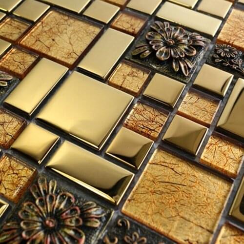 Vintage European Resin Golden electro Plated Glass Mosaic Tiles, DIY Kitchen Backsplash shop counter Art Puzzle Wall decora