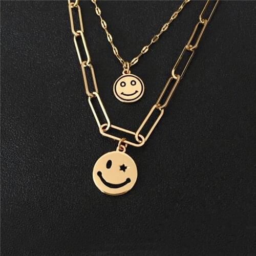 Vintage Multilayer Punk Chain Smile Face Necklaces for Women Stars Sun Pendant Necklace Set 2021 Statement Gothic Jewelry