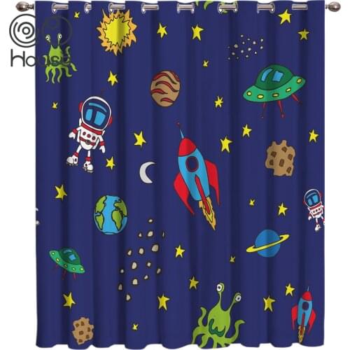 Cartoon Space Astronaut Aircraft Rocket Moon Window Treatments Curtains Valance Room Curtains Large Window Living Room Kids Room