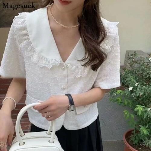 Korean Summer Blouse Women New Peter Pan Collar Pleated Shirt Fashion Sweet Lace Pockets Short Sleeve Loose Women Tops 14791