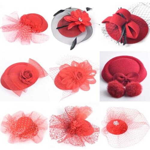 7design Handmade Wine Red Fascinator Flowers Feather Church Pillbox Hat Veil Hair Clips Cocktail Weddings Party Women Hairpiece