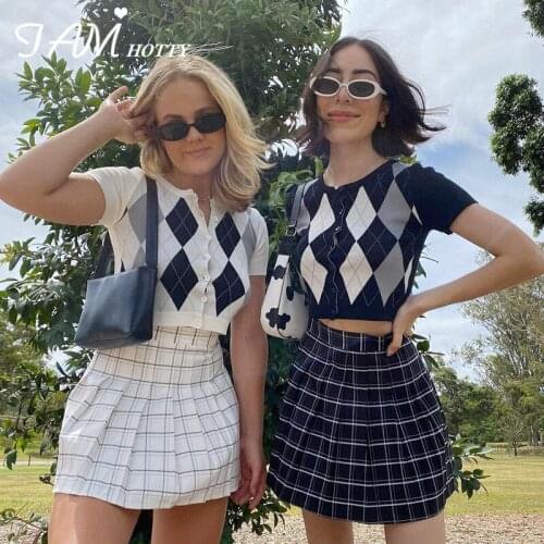 Korean Fashion White Black Argyle Plaid Knitted y2k Crop Top Tee Women Kawaii Short Sleeve Summer Spring Button-up Tshirt Iamhot
