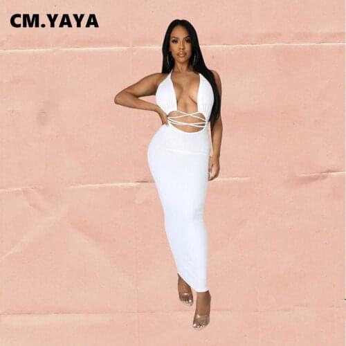 CM.YAYA Women Long Dress Solid Sleeveless Bandage Halter Hollow Out Strechy Bodycon Maxi Dresses Sexy Fashion Outfit Summer 2021