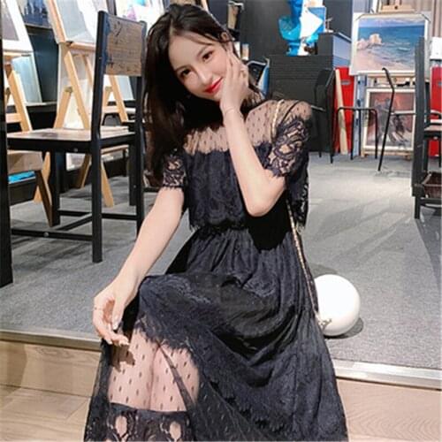 Black White Lace Dress Party Women Elegant Cake Lotus Leaf Collar Midi Fairy Mesh Dresses Elastic Waist Spring Summer Vestidos