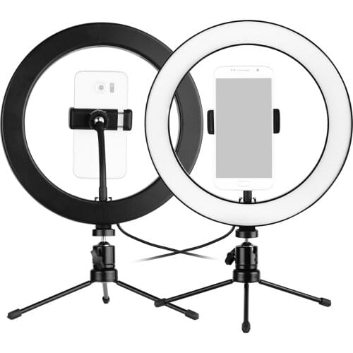 10inch LED Ring Light Photography Fill-in Lamp 3 Lighting Mode Dimmable USB Powered with Phone Holder Mini Tripod Remote Shutter