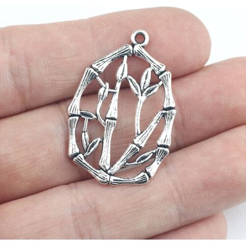 Newest 12Pcs 23*34mm Antique Silver Color Hollow Bamboo Charms Necklace Earrings Leaf Pendant For DIY Jewelry Making Wholesale